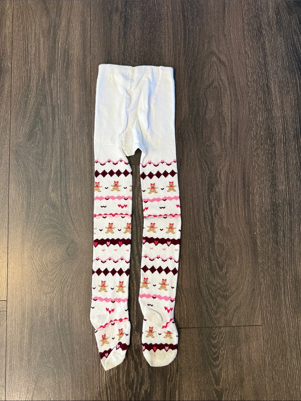 Gymboree White Tights with Pink and Burgundy Gingerbread Pattern, Size 6-8